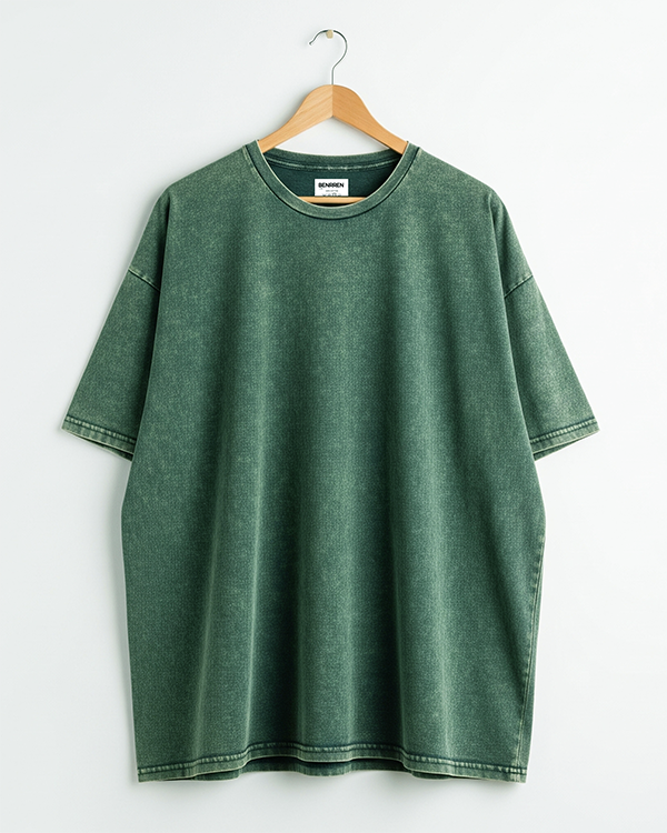 Benrren Bottle green Acid Wash Tee – Oversized Fit _ French Terry Fabric-2