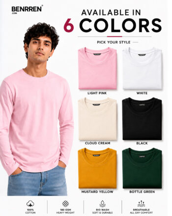 Pick Any 3 Full Sleeve T-Shirts for Men – 100% Cotton, 180 GSM, Bio-Wash | Benrren
