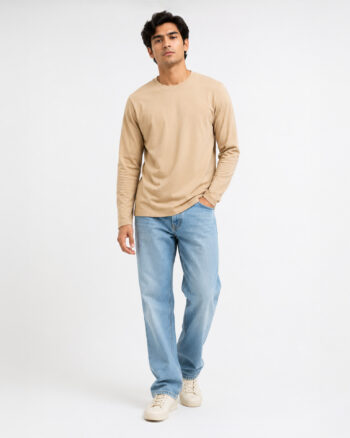 Premium beige full sleeve cotton t-shirt for men placed on wooden chair with minimalist old money aesthetic styling by Benrren